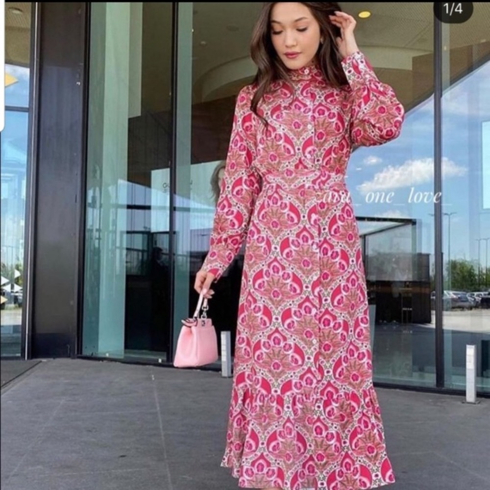 Zara pink linen blend print midi dress NWT